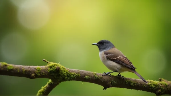 Small Songbird Perched on Mossy Branch Close-Up