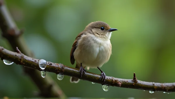 Small Songbird Perched on Rain-Damp Branch