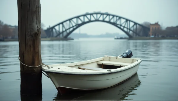 Small White Boat Tied to Wooden Post Near Bridge