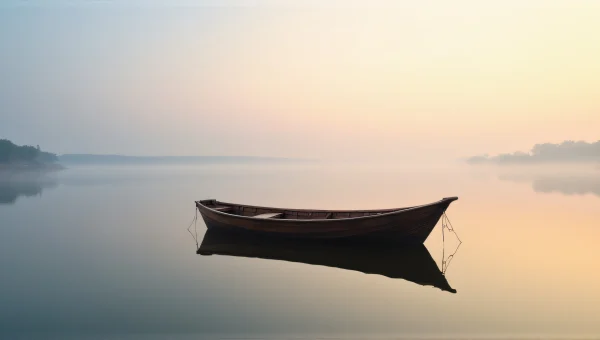 Small Wooden Boat Calm Lake Dawn Reflections