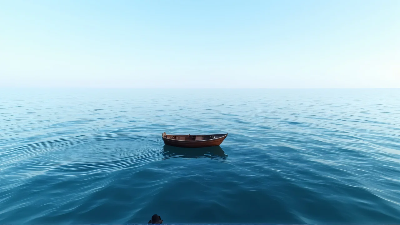 A small wooden boat floats peacefully on the open sea under a bright midday sky.