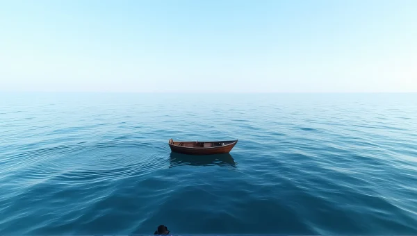 Small Wooden Boat Drifting on Open Sea at Midday