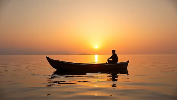 Small Wooden Boat Floating on Calm Sunset Water