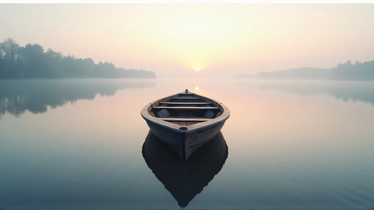 A small wooden rowboat floats on a calm lake at dawn with mist and treeline reflections.