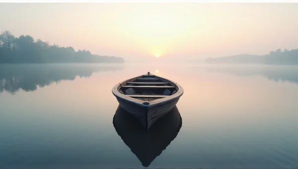 Small Wooden Rowboat On Calm Lake At Dawn