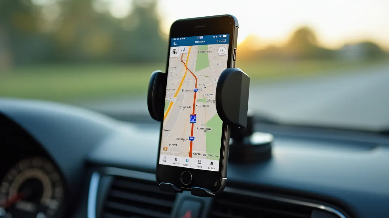 Close-up of smartphone displaying a GPS map on a car dashboard holder.