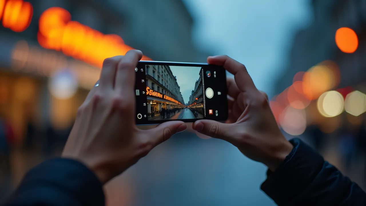 A person holds a smartphone with the camera app open, ready to take a photo against city lights.