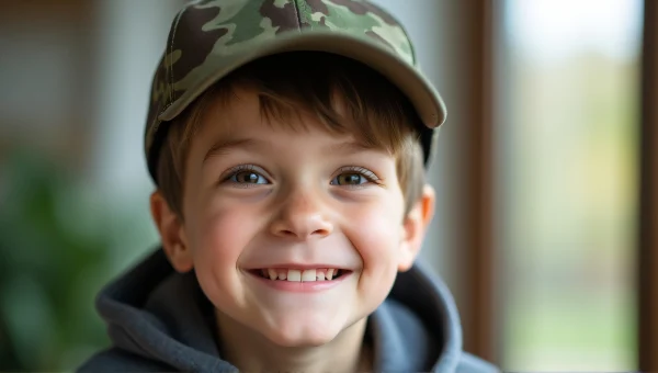 Smiling Boy in Camouflage Cap Portrait