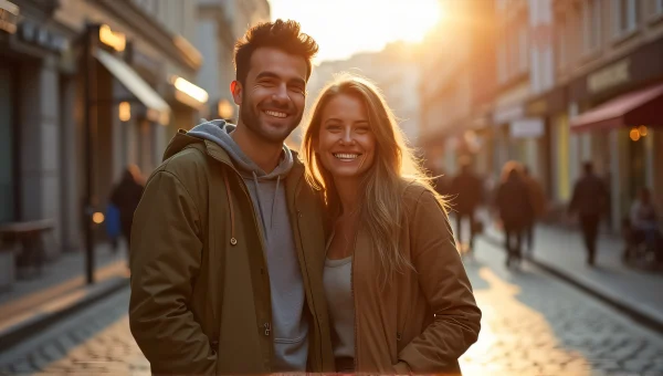 Smiling Couple on Cobblestone Street at Golden Hour