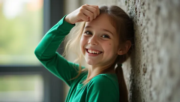 Smiling Girl in Green Shirt Posing Against Wall