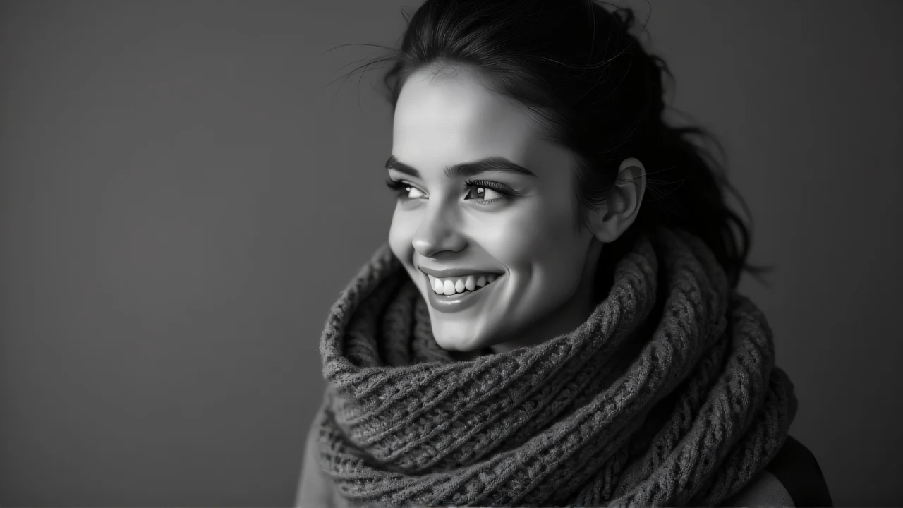 A smiling individual wearing a wrapped scarf captured in monochrome with soft lighting.