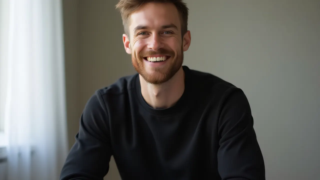 A smiling man wearing a black sweatshirt poses in soft window light.