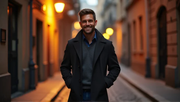 Smiling Man in Cobblestone Alley at Dusk