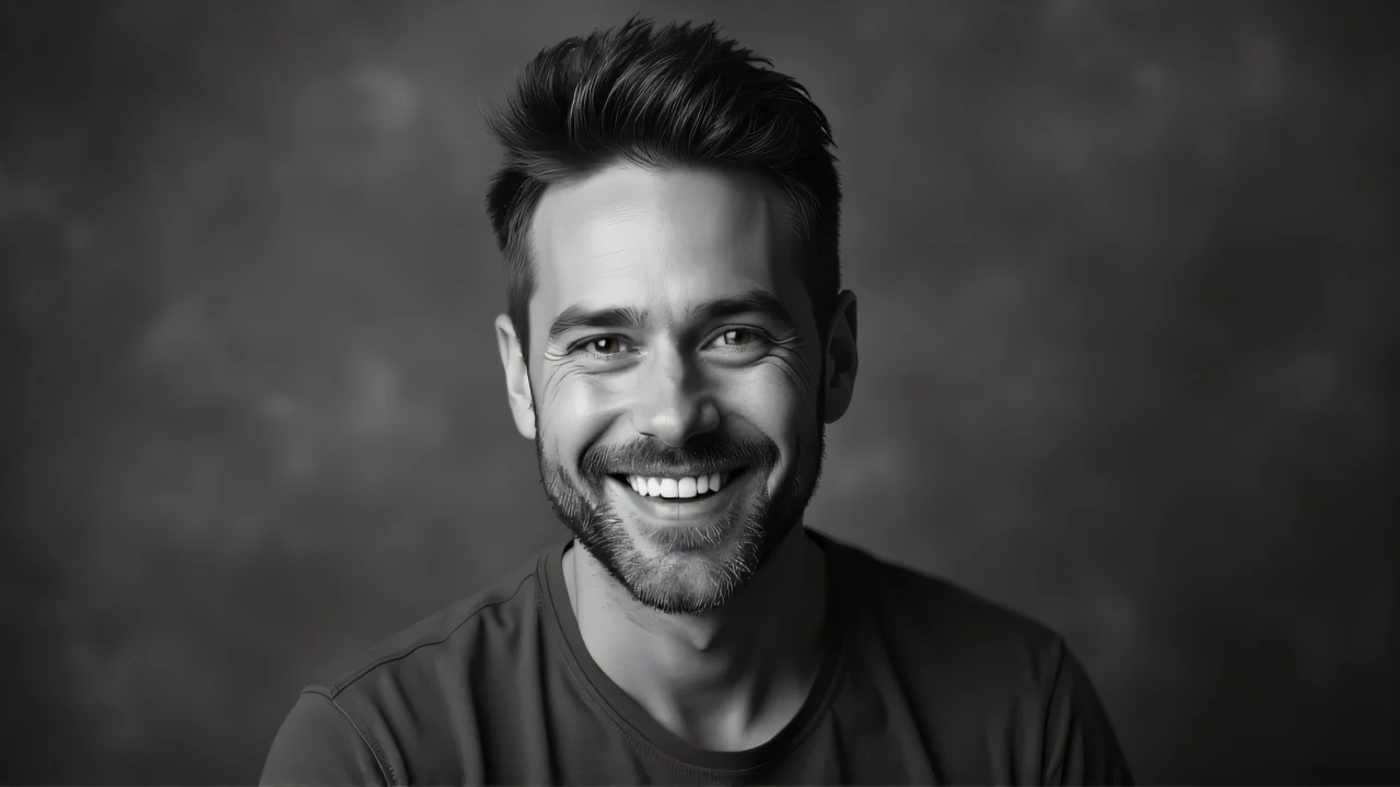 Grayscale portrait of a smiling man in studio lighting.