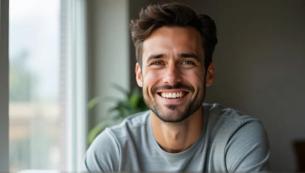 Smiling Man in Grey Shirt Natural Indoor Light