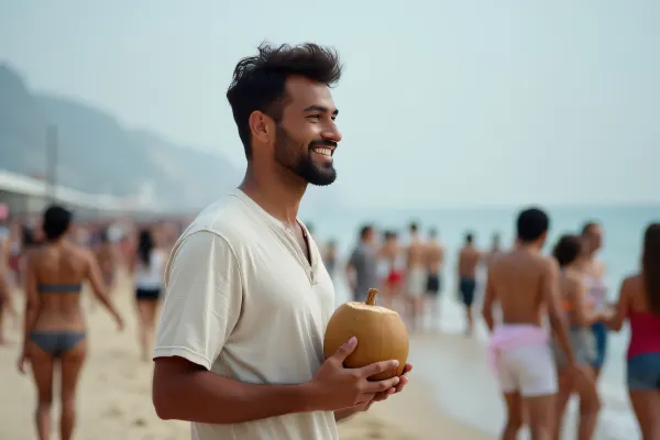 Smiling Man Holding Coconut at Seaside Promenade