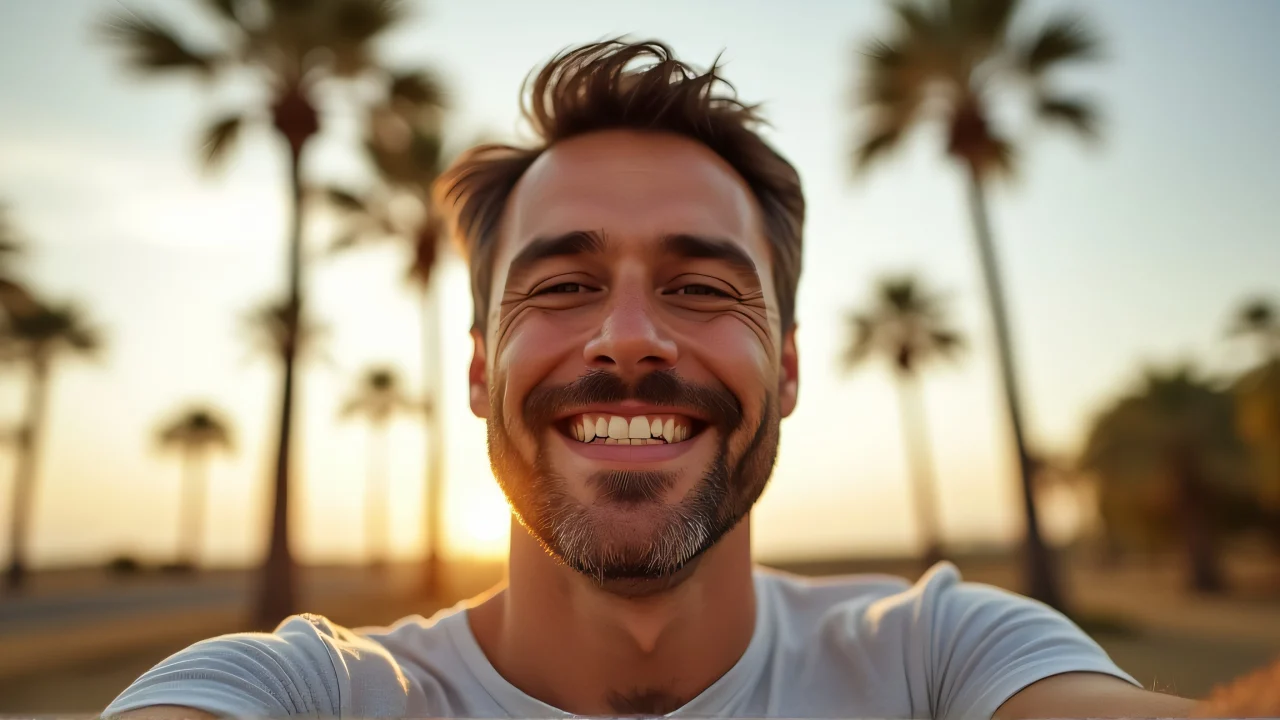 Close-up of a smiling man taking a selfie with palm trees at golden hour.