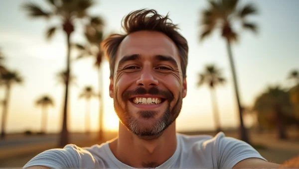 Smiling Man Selfie With Palm Trees At Golden Hour