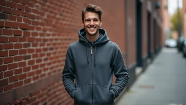 Smiling Man in Urban Setting with Hands in Pockets