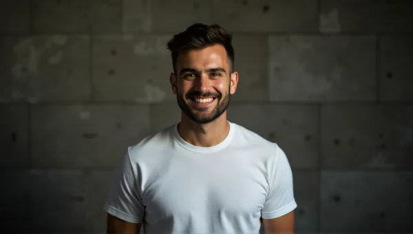 Smiling Man in White T-Shirt with Concrete Background