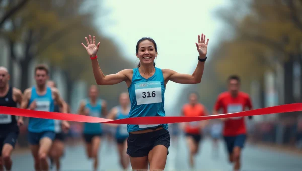 Smiling Runner Finishes Race With Arms Raised