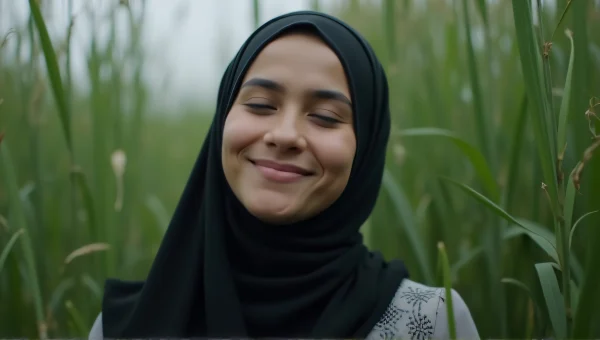 Smiling Woman in Black Hijab Amidst Green Grass