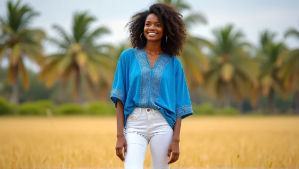 Smiling Woman in Blue Dashiki by Palm Trees
