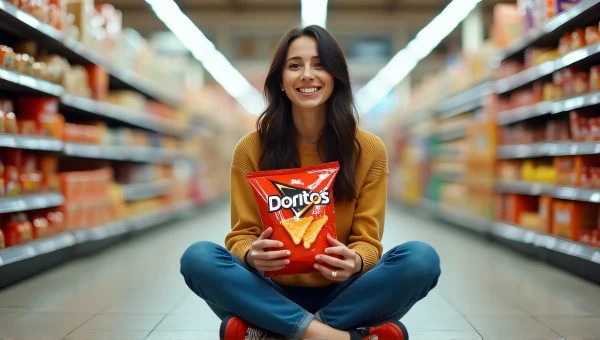 Smiling Woman Enjoying Doritos in Grocery Aisle