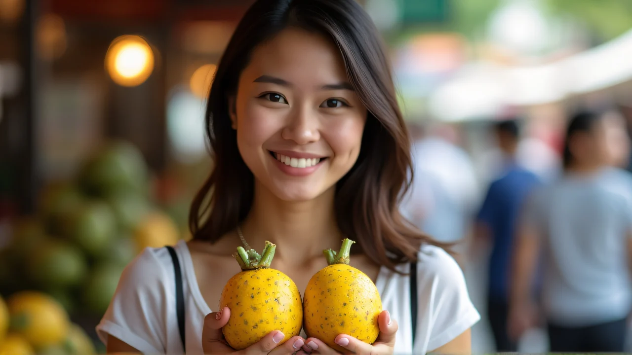 A smiling woman holds dragon fruits at a market stall, showcasing freshness and vitality.