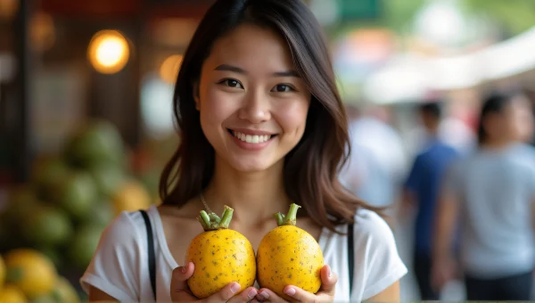 Smiling Woman Holding Dragon Fruits At Market