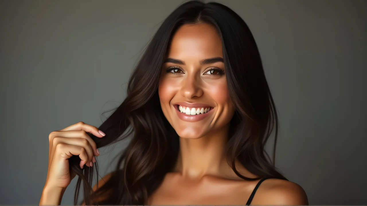 Portrait of a cheerful woman holding her hair in soft light.