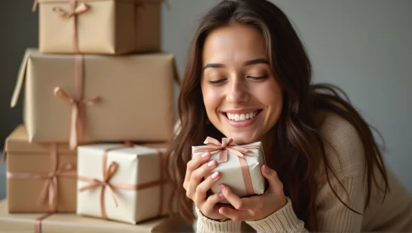 Smiling Woman Holding Wrapped Gift on Stacked Boxes