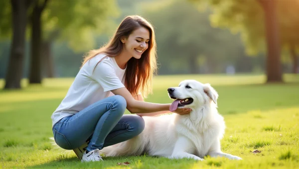 Smiling Woman Kneeling With White Dog In Park