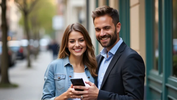 Smiling Woman Man Urban Sidewalk Smartphone Use
