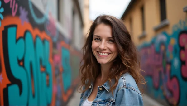 Smiling Woman Near Colorful Graffiti Wall