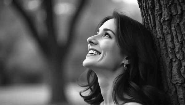 Smiling Woman Outdoors by Textured Tree Trunk