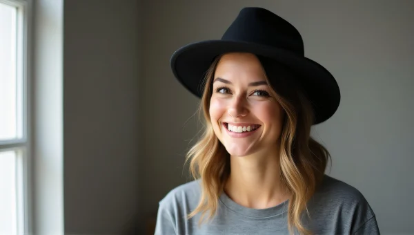 Smiling Woman Portrait in Gray Top and Black Hat