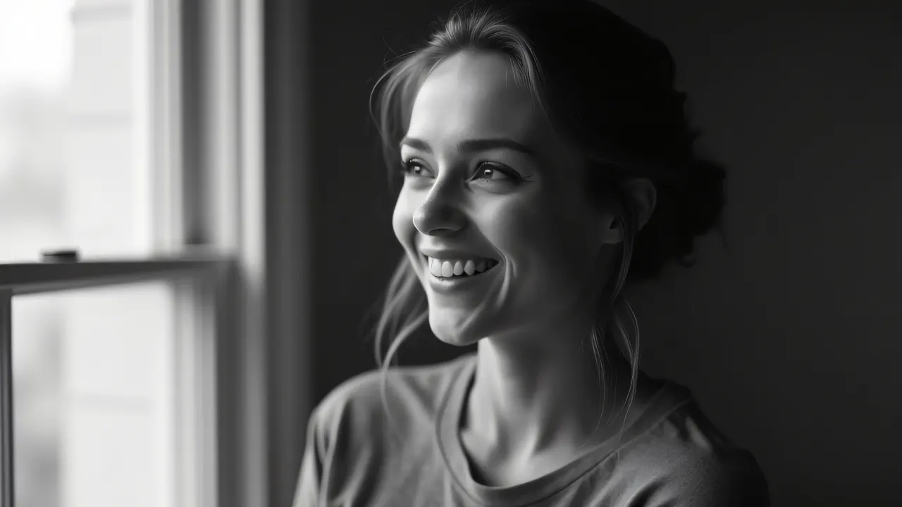 Grayscale portrait of a smiling woman in soft window light.