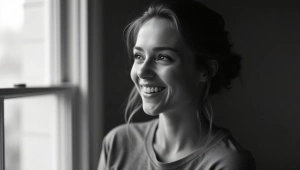 Smiling Woman Portrait Grayscale Soft Light