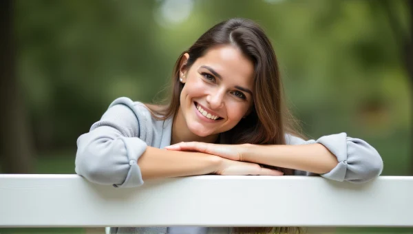 Smiling Woman Relaxing on White Wooden Bench