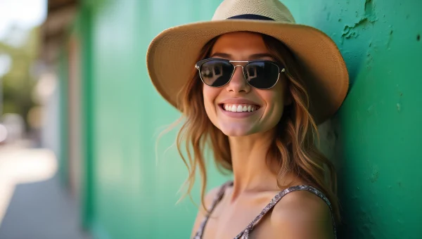 Smiling Woman in Sunglasses and Sun Hat