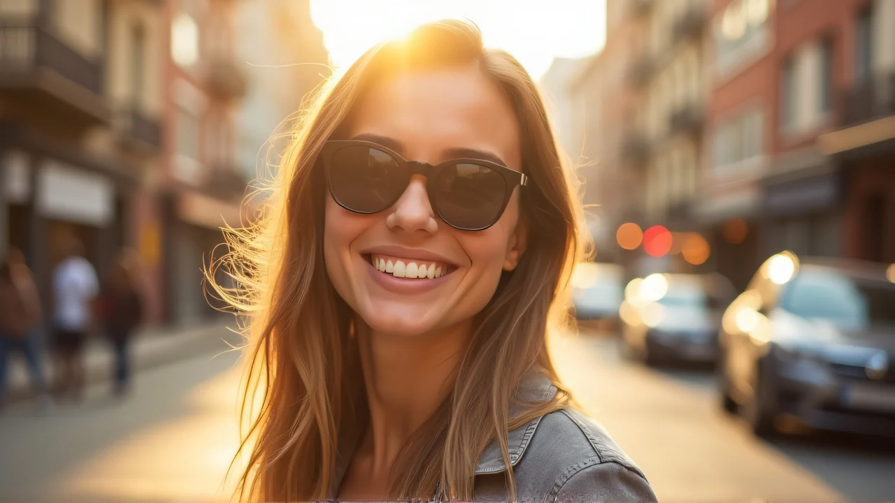 A smiling woman wearing sunglasses poses casually on a sunlit urban street.