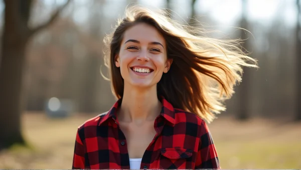 Smiling Woman Swinging Hair In Plaid Shirt
