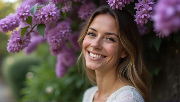 Smiling Woman Under Purple Flowering Vine