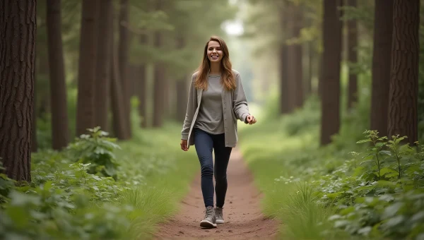 Smiling Woman Walking Alone On Forest Trail