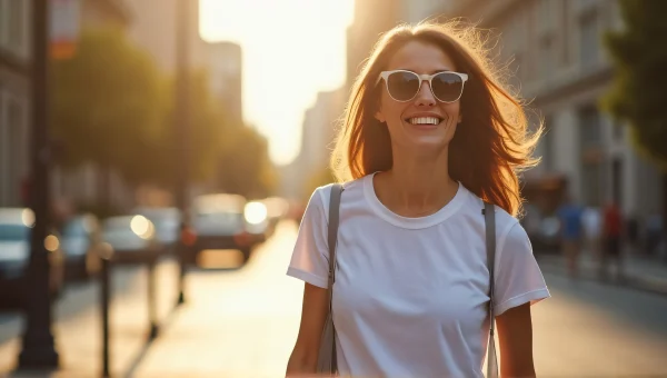 Smiling Woman Walking City Sidewalk Afternoon Light
