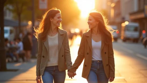Smiling Women Walking Hand in Hand in City