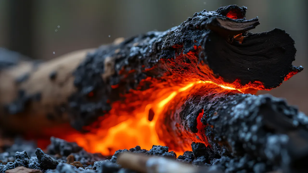 Close-up of smoldering tree bark with visible crackling embers and ash particles.