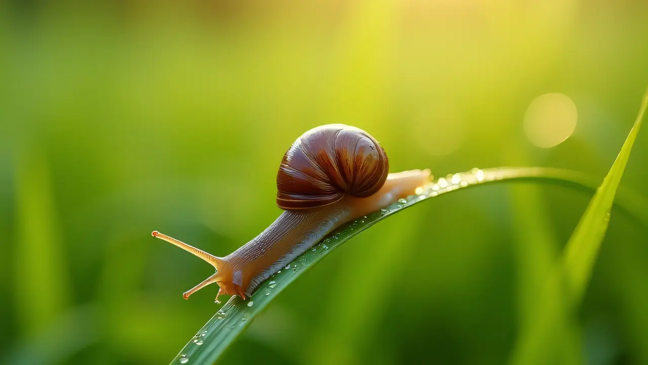 A close-up of a snail moving slowly on a blade of grass adorned with morning dewdrops.