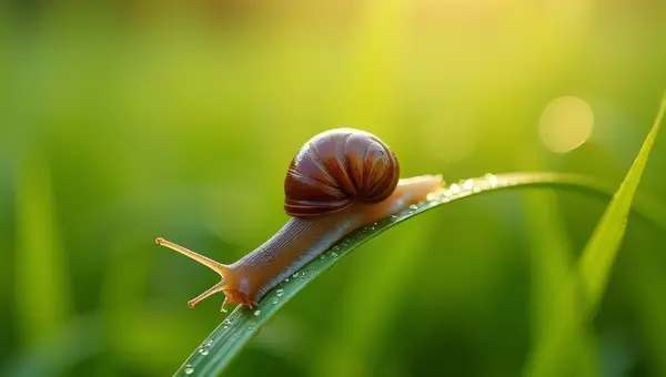 Snail Crawling on Grass Blade with Dewdrops